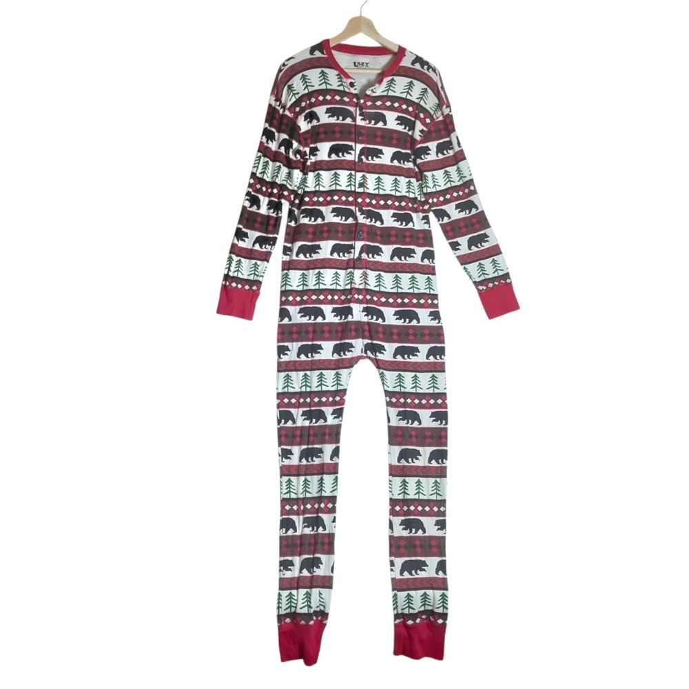 LAZY ONE PAJAMAS/LONG JOHNS BEAR ESSENTIALS w/ Back Flap 100% Cotton sz Large